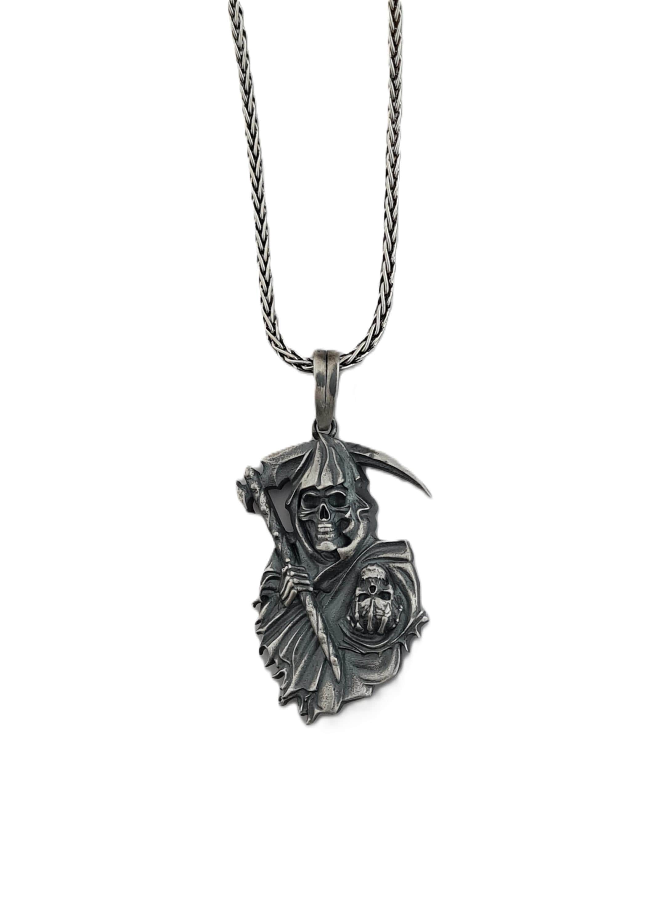 Ciondolo Uomo Argento 925 Grim Reaper Morte Con Falce Gotico Realizzato A Mano
