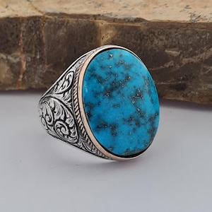 Handmade Sterling Silver Turquoise Ring: Ottoman Engraved Design