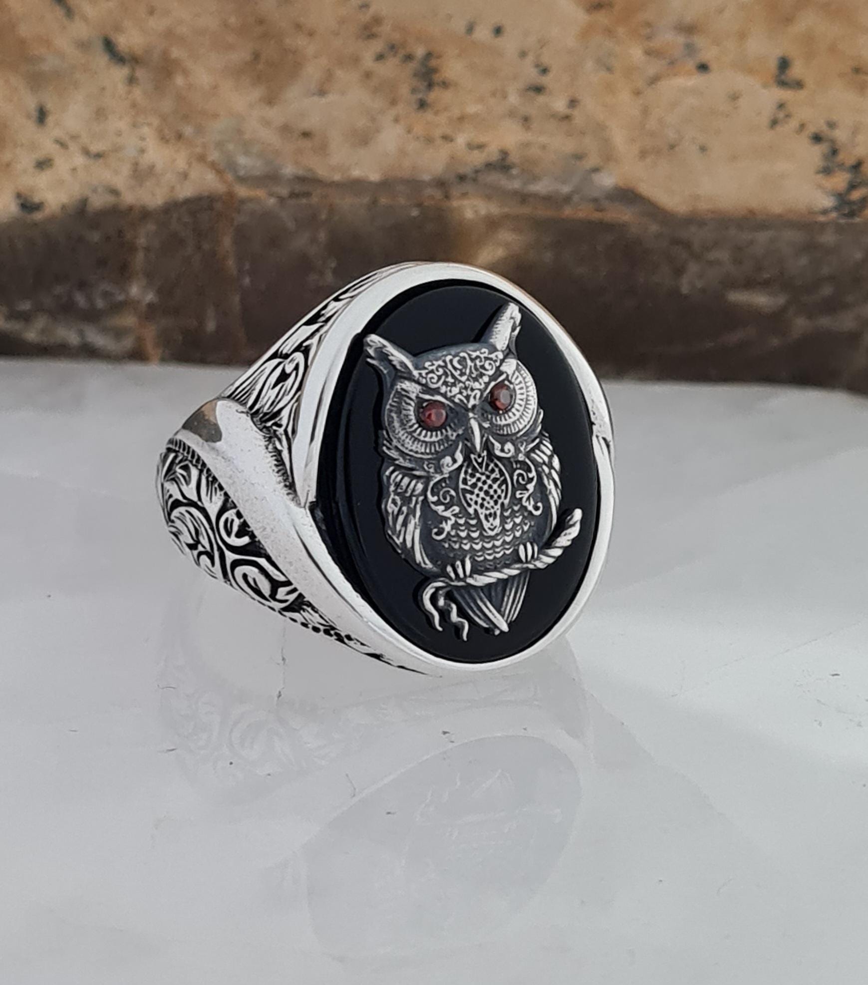 Handmade 925 Sterling Silver Owl Ring – Black Onyx and Red Zircon Eyes Unisex Men’s and 