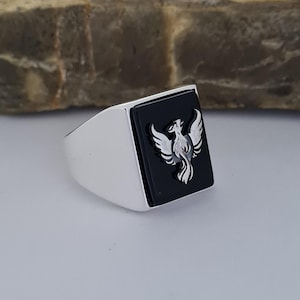 Phoenix Black Onyx Sterling Silver Signet Ring: Mythical Jewelry