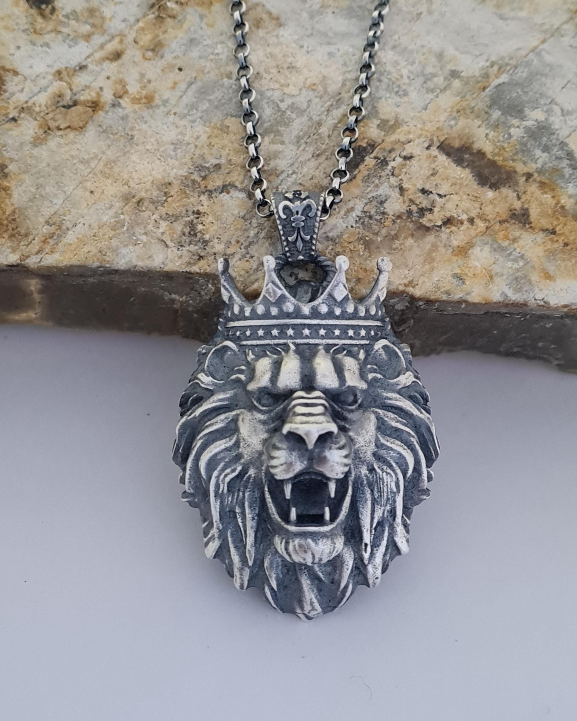 Handmade Sterling Silver Lion Head Necklace: Regal Crown Pendant