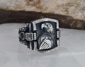 Anillo de águila de plata de ley oxidada: Anillo de sello para hombre hecho a mano