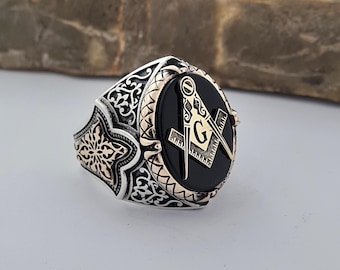 Handmade Sterling Silver Onyx Masonic Ring: Freemason Compass Design