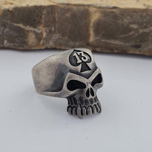 925 Sterling Silver Handmade Skull Biker Ring with Number 13, Gothic Punk Style, Unique Statement Jewelry for Men, Durable and Stylish