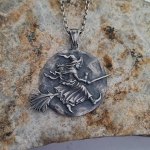 Unique Witch Pendant Necklace - Premium Silver Witch on Broomstick Design, Perfect for Wiccan, Gothic, and Halloween Lovers
