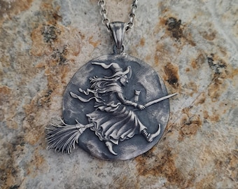 Unique Witch Pendant Necklace - Premium Silver Witch on Broomstick Design, Perfect for Wiccan, Gothic, and Halloween Lovers