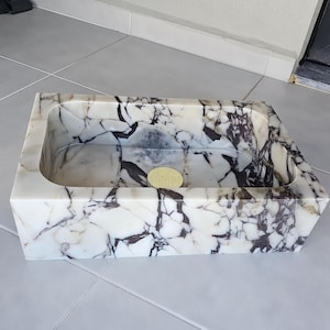 Hand Carved Calacatta Viola Marble Sink: Farmhouse Powder Room