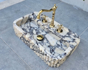 Hand Carved Calacatta Viola Marble Sink: Ribbed Finish On-Top Vanity or Wall Mount