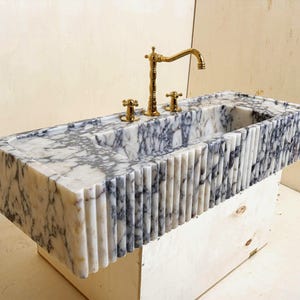 Calacatta Viola Marble Sink With Ribbed from Front Side, Bespoke Sink, Custom Order Marble Sink, Hand Carved Marble Sink, Wall Mount Sink