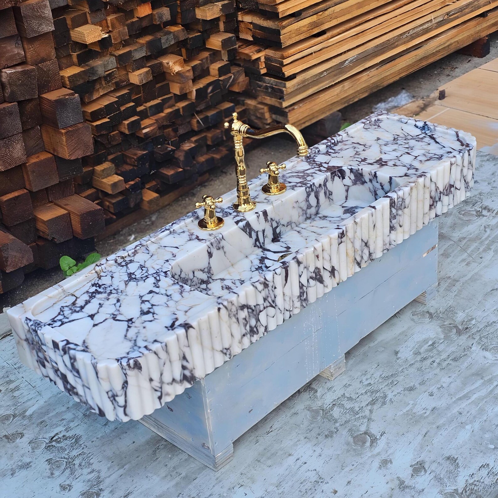 Calacatta Viola Marble Sink With Two Side Basin, Ribbed Hand Carved for ...