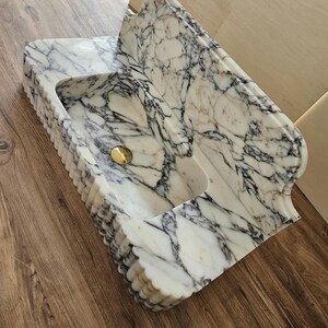 Calacatta Viola Marble Sink With Backsplash, Handcarved Solid Basin image 2