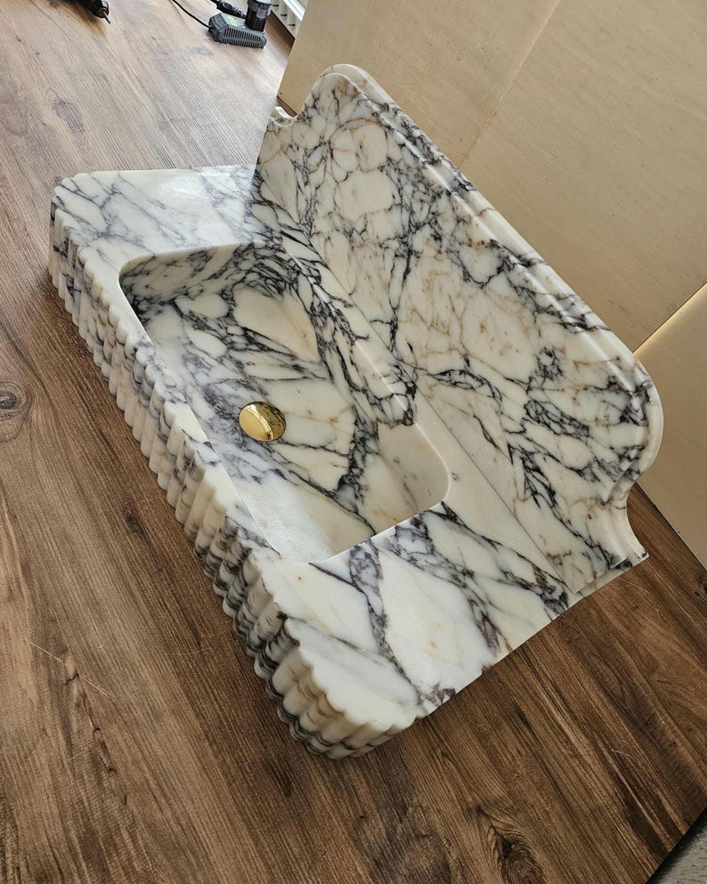 Calacatta Viola Marble Sink With Backsplash, Handcarved Solid Basin image 2