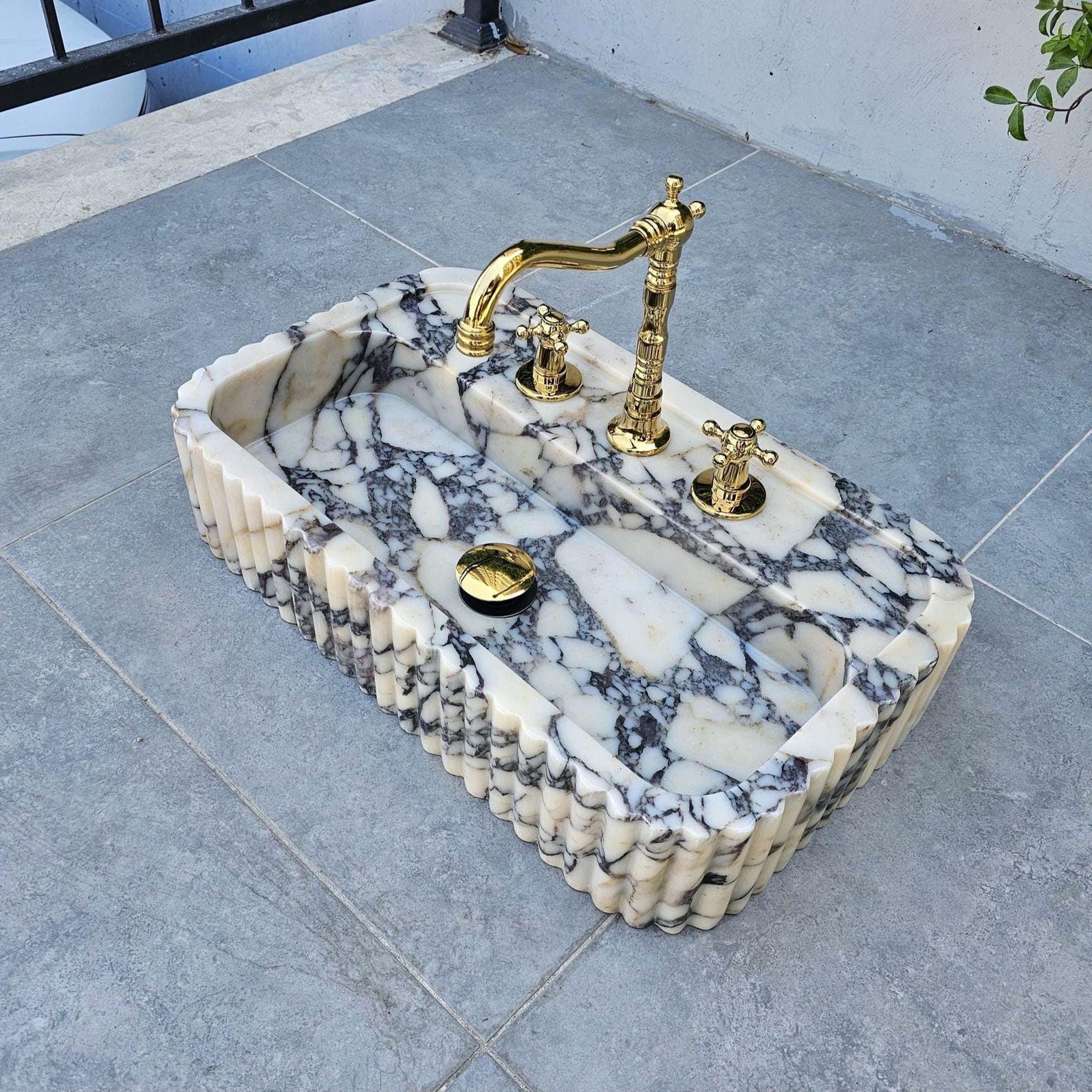 Hand Carved Calacatta Viola Marble Sink: Ribbed Finish On-top Vanity or ...
