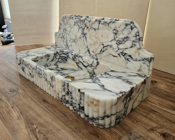 Calacatta Viola Marble Sink With Backsplash, Handcarved Solid Basin