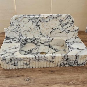 Calacatta Viola Marble Sink With Backsplash, Handcarved Solid Basin image 15