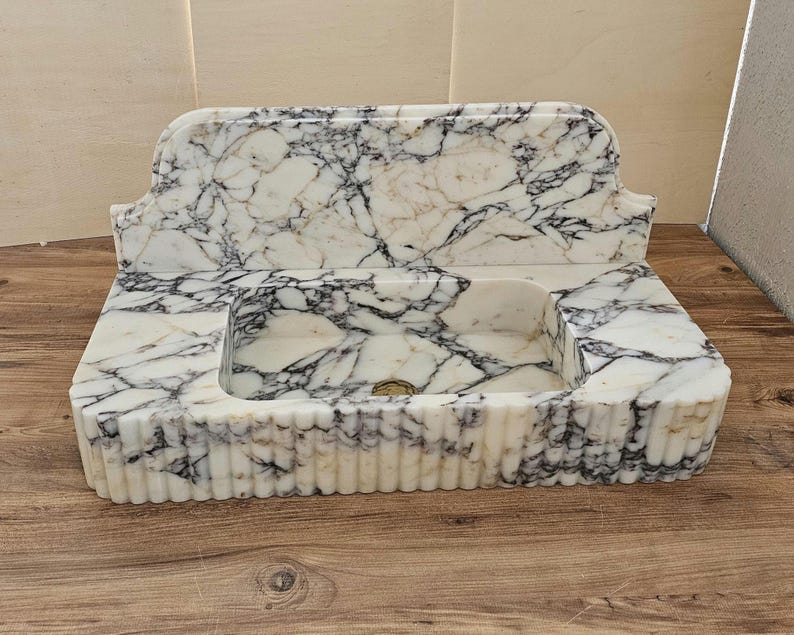 Calacatta Viola Marble Sink With Backsplash, Handcarved Solid Basin image 15