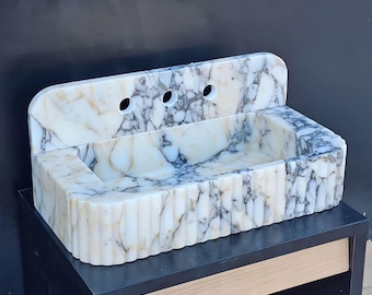 Calacatta Viola Marble Sink With Backsplash, Handcarved Washbasin, Wall Mount Vanity