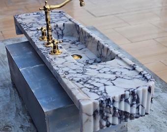 Calacatta Viola Marble Sink with Two Side Basin, Ribbed Hand Carved for luxury homes