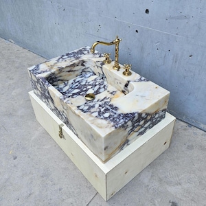 Calacatta Viola Marble Sink Wall Mounted Sink Farmhouse Sink Powder Room Sink Hand Carved Marble Sink Concealed Drain Sink