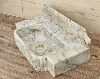 Calacatta Gold Marble Sink, Fluted Vanity Basin with Backsplash, Luxury Bathroom Statement.