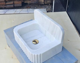 Hand-Carved Small White Marble Sink With Backsplash, Wall-Mounted Vessel Basin