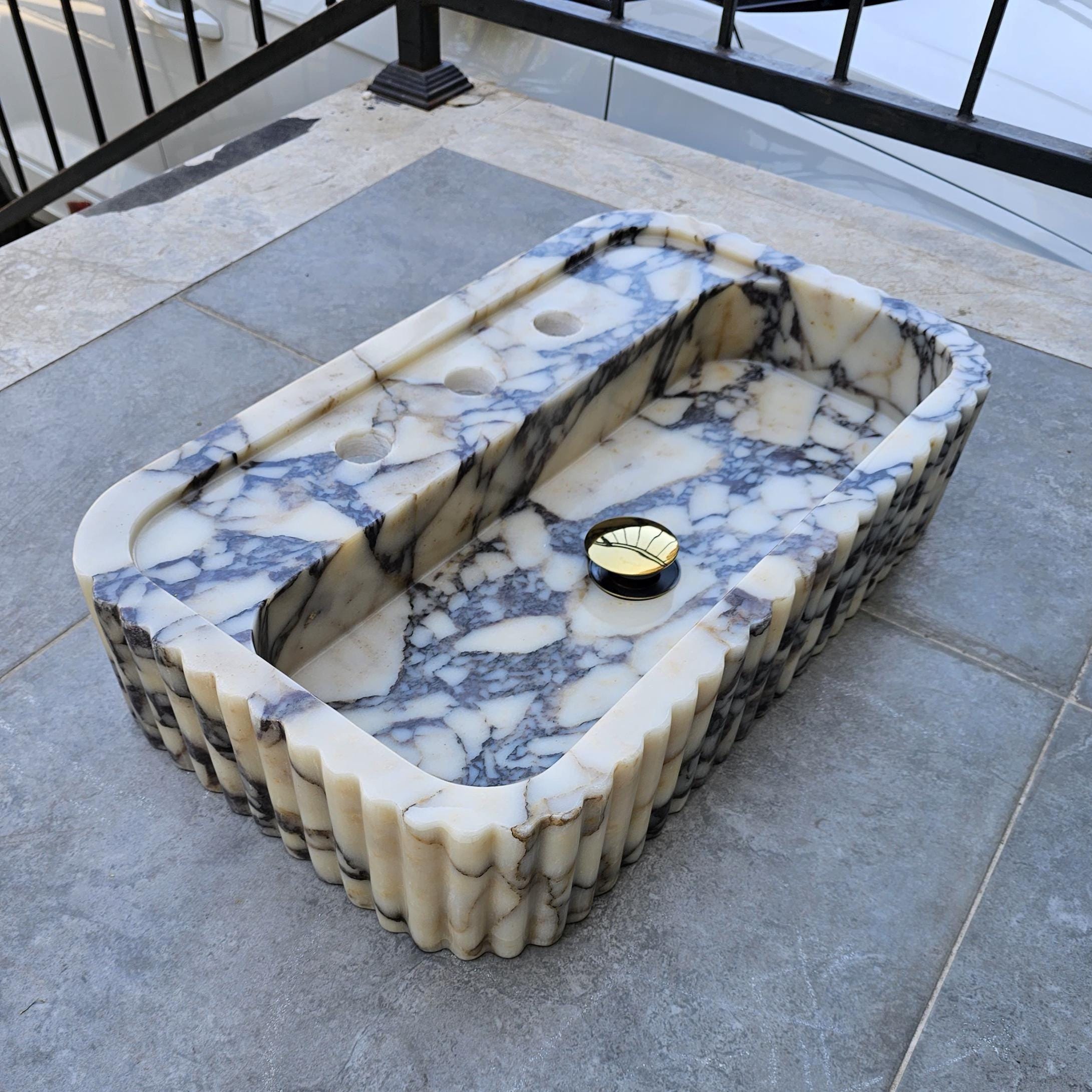 Hand Carved Calacatta Viola Marble Sink: Ribbed Vanity or Wall Mount - Etsy