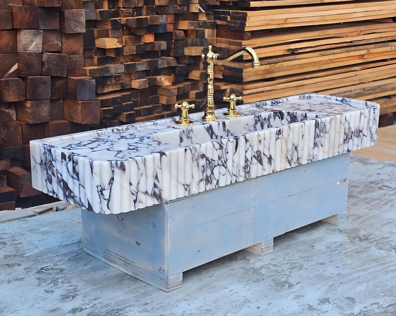 Calacatta Viola Marble Sink With Two Side Basin, Ribbed Hand Carved for ...