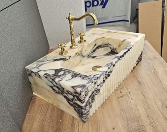 Calacatta Gold Viola Marble Sink: Hand Carved Stone Basin (Wall Mount/Countertop)