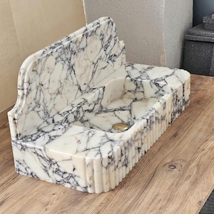 Calacatta Viola Marble Sink With Backsplash, Handcarved Solid Basin image 7