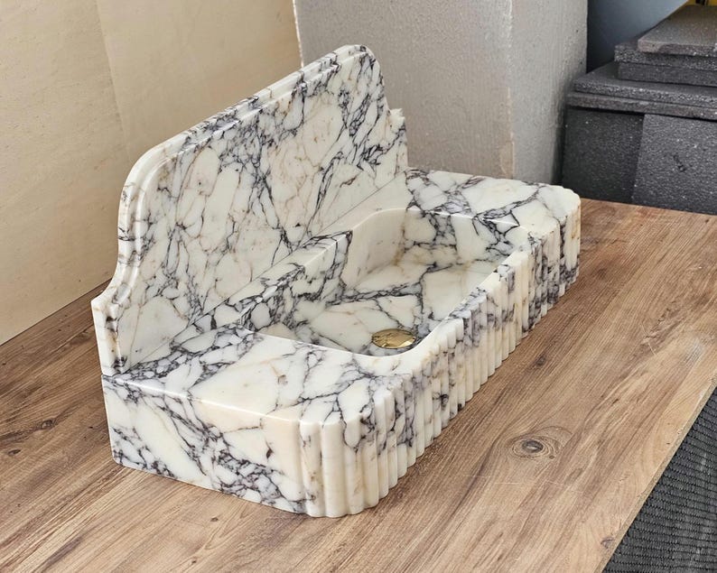 Calacatta Viola Marble Sink With Backsplash, Handcarved Solid Basin image 7