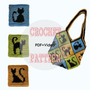 May include: Crochet pattern for a cat-themed tote bag. The pattern includes a PDF and video instructions. The bag is made with colorful squares featuring black cat silhouettes.