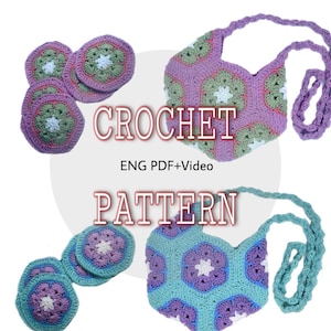 Könnte beinhalten: Häkelanleitung für eine lila und grüne blütenförmige Tasche mit langem Trageriemen. Die Anleitung enthält Anweisungen zum Herstellen passender Untersetzer.