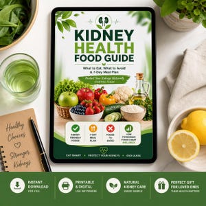 Könnte beinhalten: Ein digitales Tablet zeigt einen "Nieren-Gesundheits-Ernährungsratgeber" mit Text und Bildern von Obst und Gemüse. Der Ratgeber wirbt für einen 7-Tage-Ernährungsplan und nierenfreundliche Lebensmittel. Zusätzlicher Text lautet "Ernähren Sie sich klug" und "Schützen Sie Ihre Nieren auf natürliche Weise."