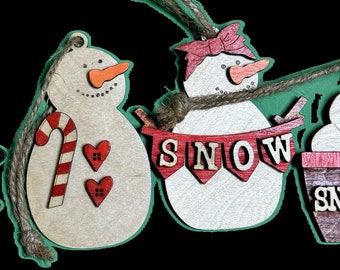 Christmas Ornament Set Snowmen, Snowballs, Hand painted baltic birch, multiple layers, 3D