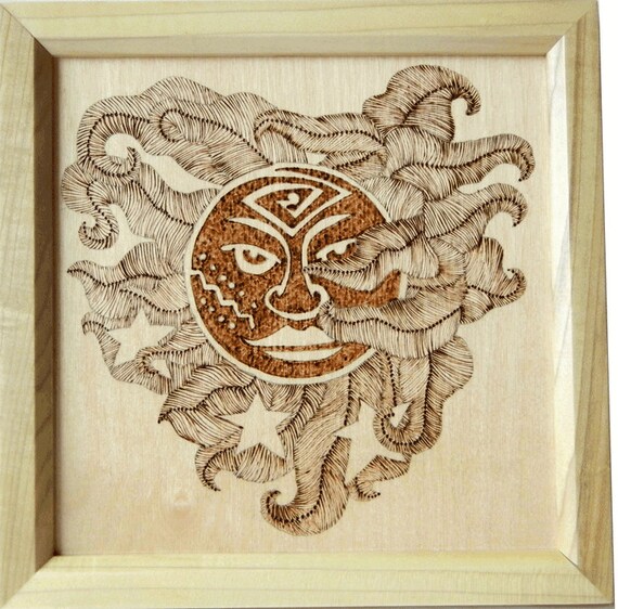 Woodburned Art Abstract Sun Framed Art Picture, Home Decor, Baltic Birch Wood Art, Handmade Wall Art by CraftCrazy4U on Etsy