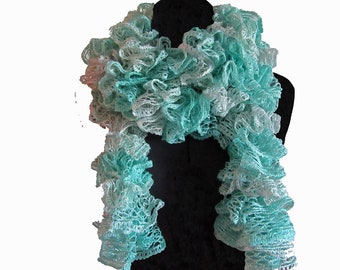 Ruffle Scarf in Beautiful Shades of Teal/ Fashion Scarf/Womens Trendy Neck Warmer Scarf/Soft Winter Scarves/Crochet Scarves by CraftCrazy4U