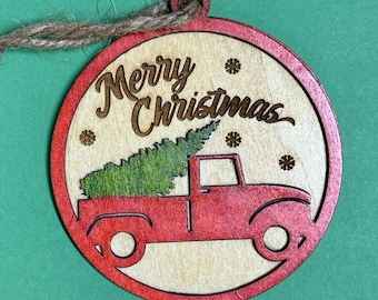 Round Christmas Ornament Truck Hauling Tree