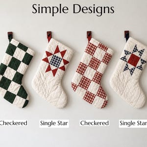 May include: Four quilted Christmas stockings hanging on hooks, labeled Simple Designs. The first is green and white checkered, the second has a red and blue star, the third is red and white checkered, and the fourth has a blue and red star.