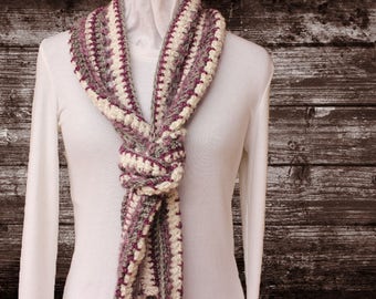 Purple Scarf, Purple and White Crocheted Scarf, Unique Crocheted Scarf, Purple Scarves with Fringe, Women's Accessories, Gift for Her
