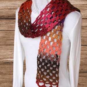 May include: A crocheted scarf with a gradient of colors, starting with brown and transitioning to red, pink, and purple. The scarf is made with a lacy stitch pattern.