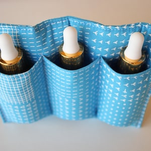 Puede incluir: Una funda de viaje de tela azul con tres compartimentos para guardar botellas pequeñas. La funda tiene un patrón geométrico blanco.