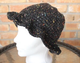 Chapeau noir, chapeaux au crochet, chapeau en tweed noir, chapeaux à bord ébouriffé