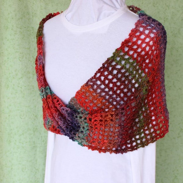 Mobius Crocheted Wrap, Red Crochet Cowl, Mobius Cowls, Multi Color Openwork Wrap, Red Crocheted Wraps, Crocheted Accessories