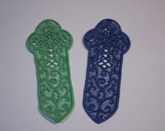 Signets en dentelle, signets avec design croisé, ensemble de 2 signets, signets brodés, signet bleu, signet vert, cadeau pour l’enseignant