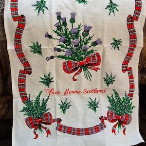 VINTAGE Colorful 1960s Printed Kitchen Towel,Dish Towel, Tea Towel,Scottish Decor,Table Runner,Farm House Decor, Country Cottage Linens