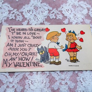 Ancienne carte postale de la Saint-Valentin des années 1920, petits enfants et chien, cartes postales de collection vintage de la Saint-Valentin, carte de la Saint-Valentin, salutations de la Saint-Valentin