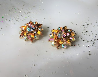 LOVELY 50s Garne' Art Glass Earrings,Rhinestone Earrings,Mid Century Clip On Earrings,Aurora Borealis,Ear Clips,Vintage Collectible Jewelry