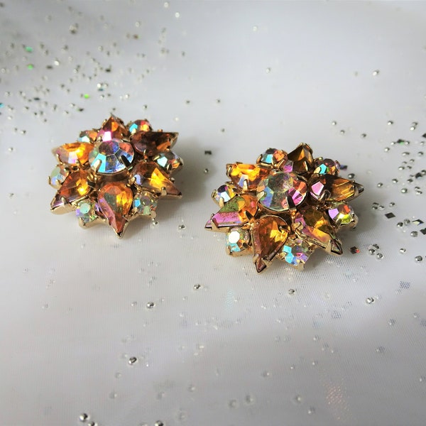 LOVELY 50s Garne' Art Glass Earrings,Rhinestone Earrings,Mid Century Clip On Earrings,Aurora Borealis,Ear Clips,Vintage Collectible Jewelry