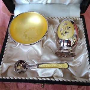 GORGEOUS MEKA Denmark Sterling Silver and Yellow Guilloche Enamel Salt & Pepper Set, Mid Century, Original Presentation Box