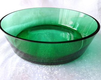 Elegante frutero grande de cristal de estilo moderno de mediados de siglo, precioso cristal verde, cuenco de estilo minimalista, pieza de colección.